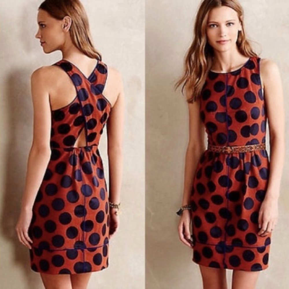Anthropologie MAEVE ROKIN Orange Blue Dot Dress with Pockets Size 8